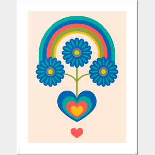 UNDER THE RAINBOW Folk Art Mid-Century Modern Scandi Floral With Flowers and Hearts on Cream - UnBlink Studio by Jackie Tahara Posters and Art